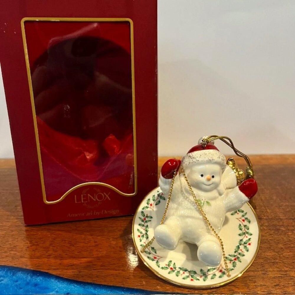 Lenox “Holiday Snowman” on Sled Saucer Christmas Ornament with Box